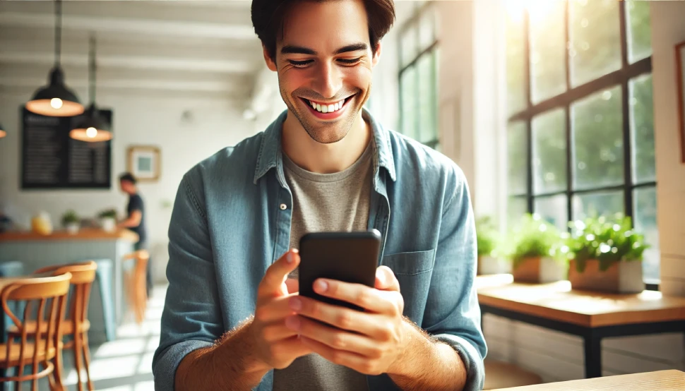 imagem representa uma pessoa segurando e olhando para o smartphone sorridente .